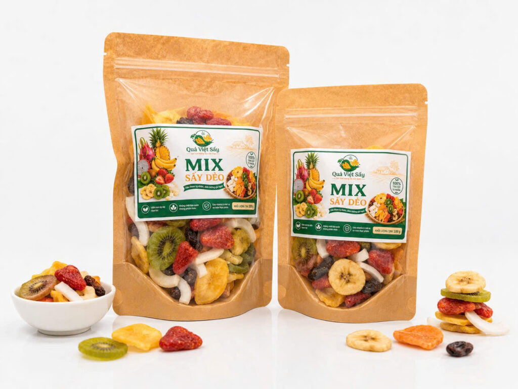Quả Việt Sấy mang đến các sản phẩm trái cây sấy dẻo thơm ngon, đa dạng hương vị từ xoài, thơm, mít, cóc đến các loại mix sấy chất lượng.