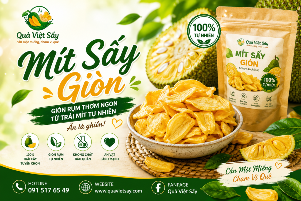 Mít sấy giòn Quả Việt Sấy vàng óng, giòn rụm, thơm ngon từ trái mít chín tự nhiên.