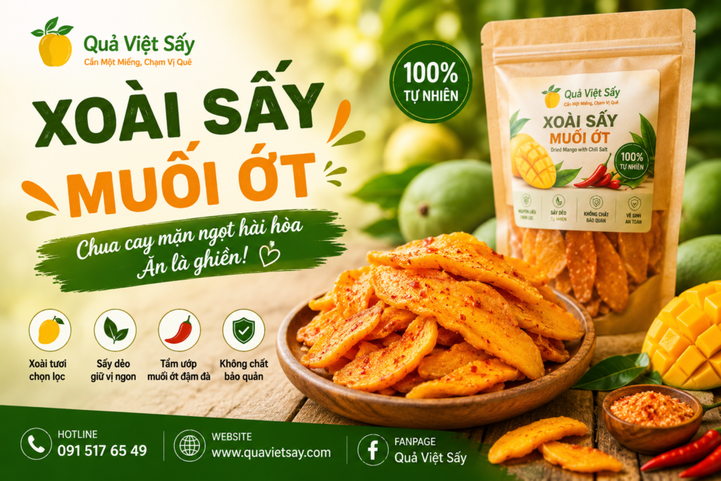 Xoài sấy muối ớt Quả Việt Sấy dẻo ngon, chua cay mặn ngọt tự nhiên.