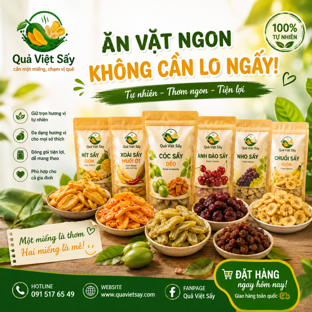 Cóc sấy dẻo Quả Việt Sấy chua ngọt hài hòa, mềm dẻo tự nhiên, món ăn vặt tiện lợi cho mọi lứa tuổi.