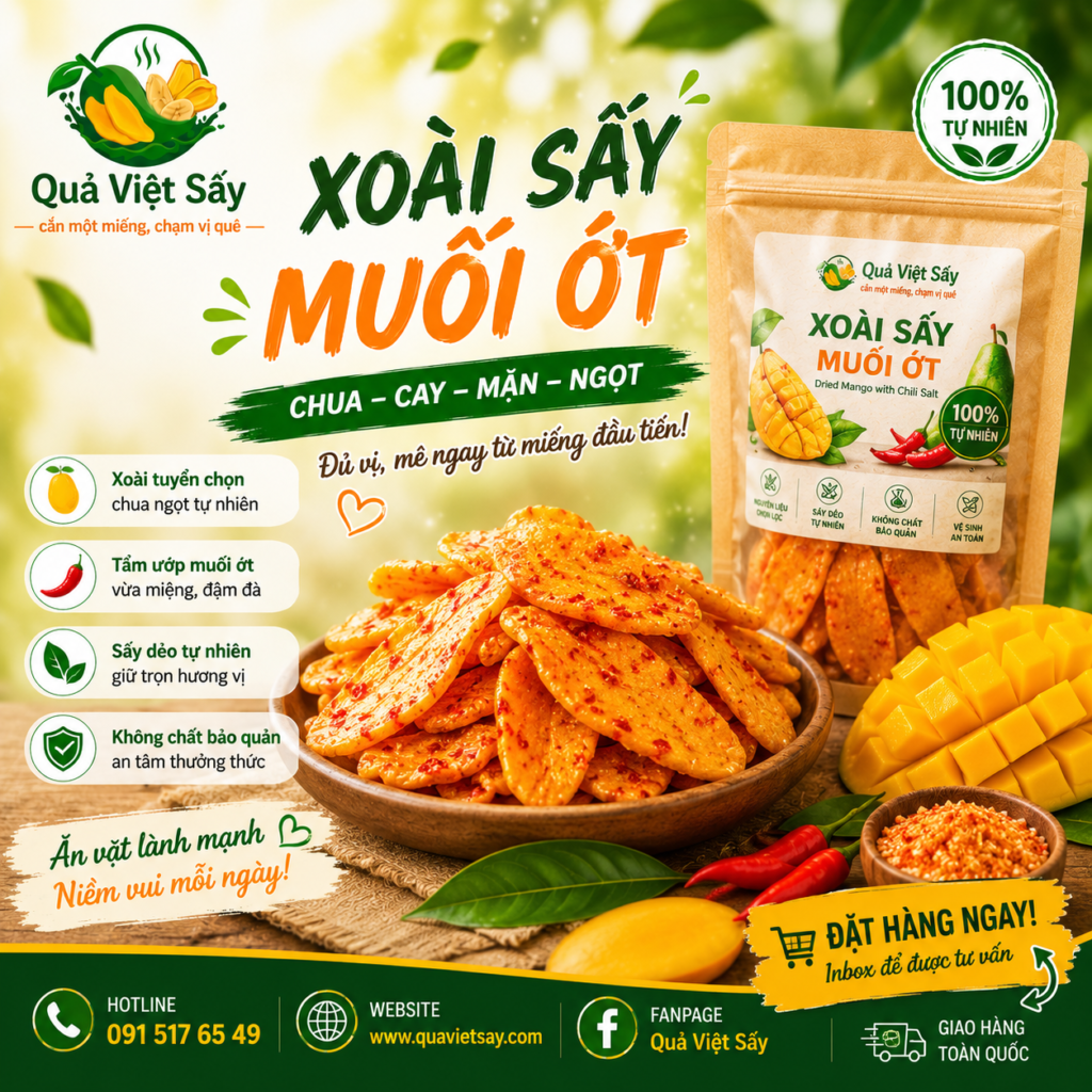 Xoài sấy muối ớt Quả Việt Sấy dẻo mềm, chua cay mặn ngọt hài hòa, món ăn vặt tiện lợi cho mọi lứa tuổi.